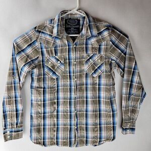 GPH Supply Company Mens Medium Brown Blue Plaid Pearl Snap Western LS Shirt